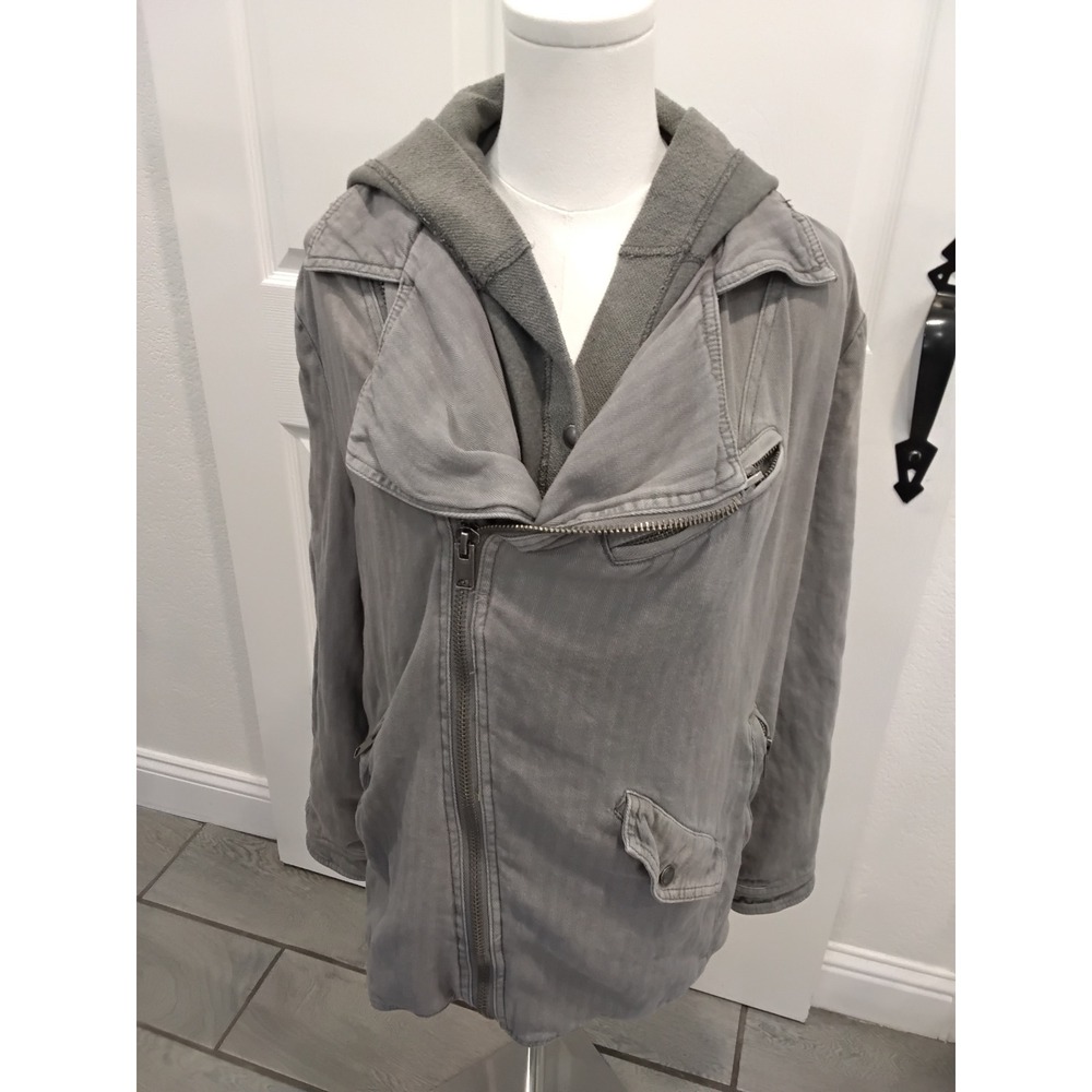 Free People Grey Herringbone Hooded Utility Jacket Layered Moto Coat‎ Small